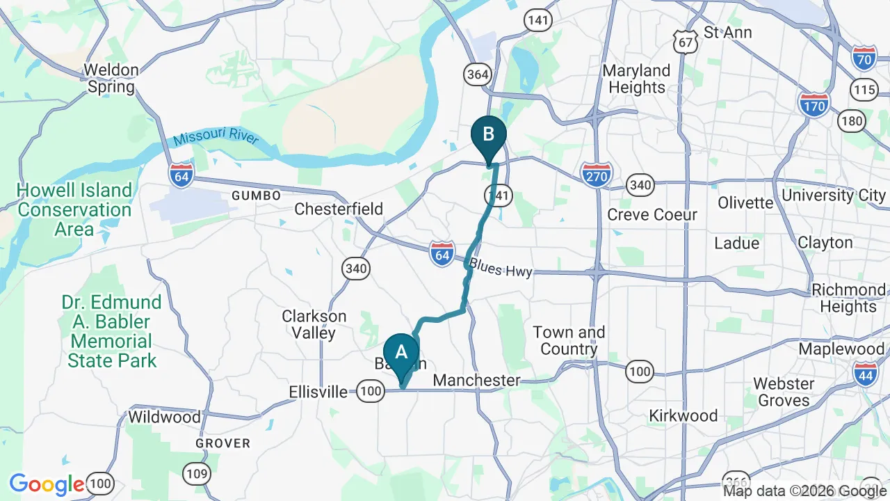 Driving directions map from Ballwin, MO to Full Circle Health in Chesterfield