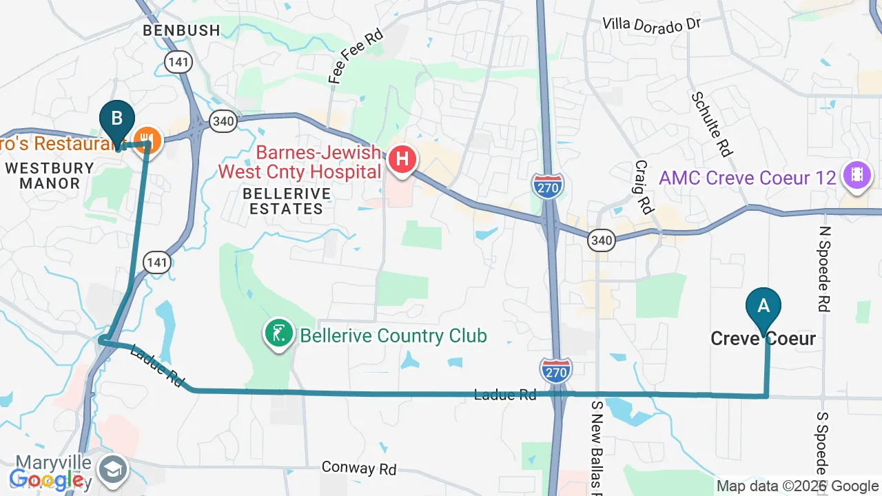 Driving directions map from Creve Coeur, MO to Full Circle Health in Chesterfield
