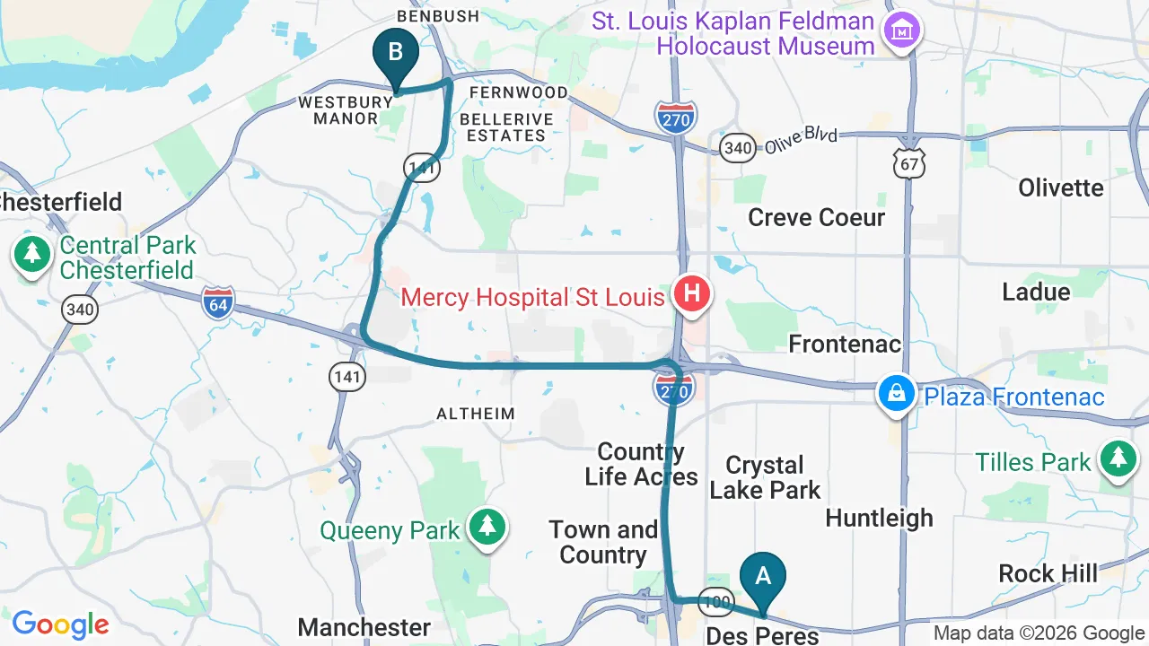 Driving directions map from Des Peres, MO to Full Circle Health in Chesterfield