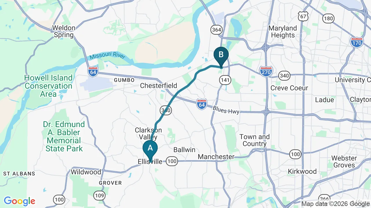 Driving directions map from Ellisville, MO to Full Circle Health in Chesterfield