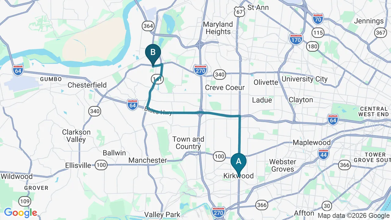 Driving directions map from Kirkwood, MO to Full Circle Health in Chesterfield