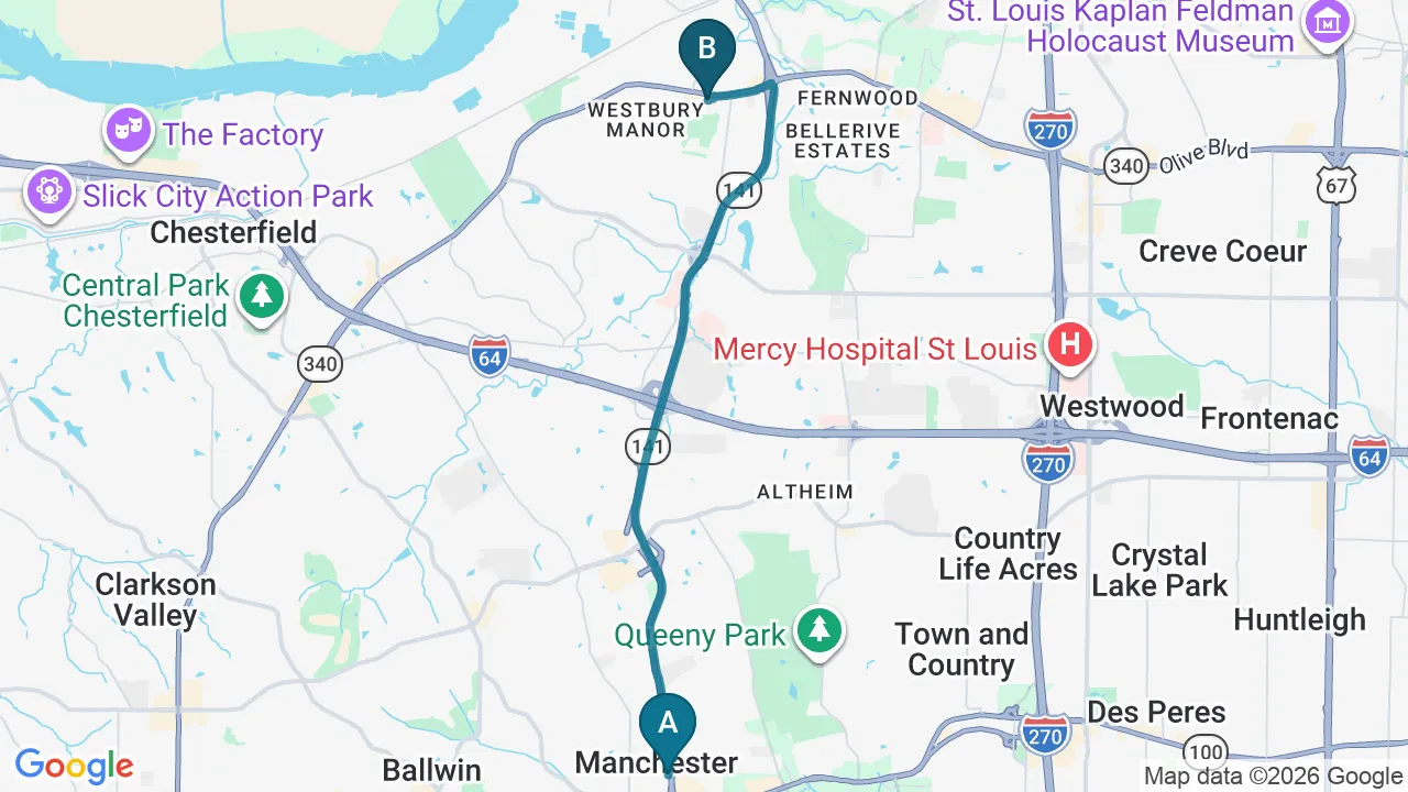 Driving directions map from Manchester, MO to Full Circle Health in Chesterfield