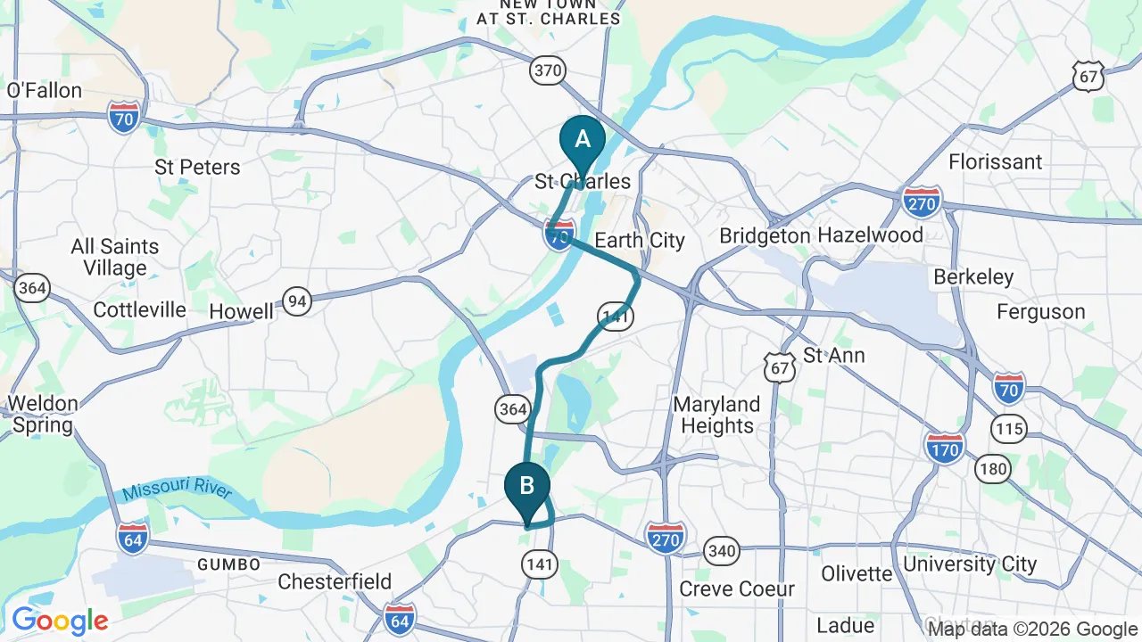 Driving directions map from St. Charles, MO to Full Circle Health in Chesterfield