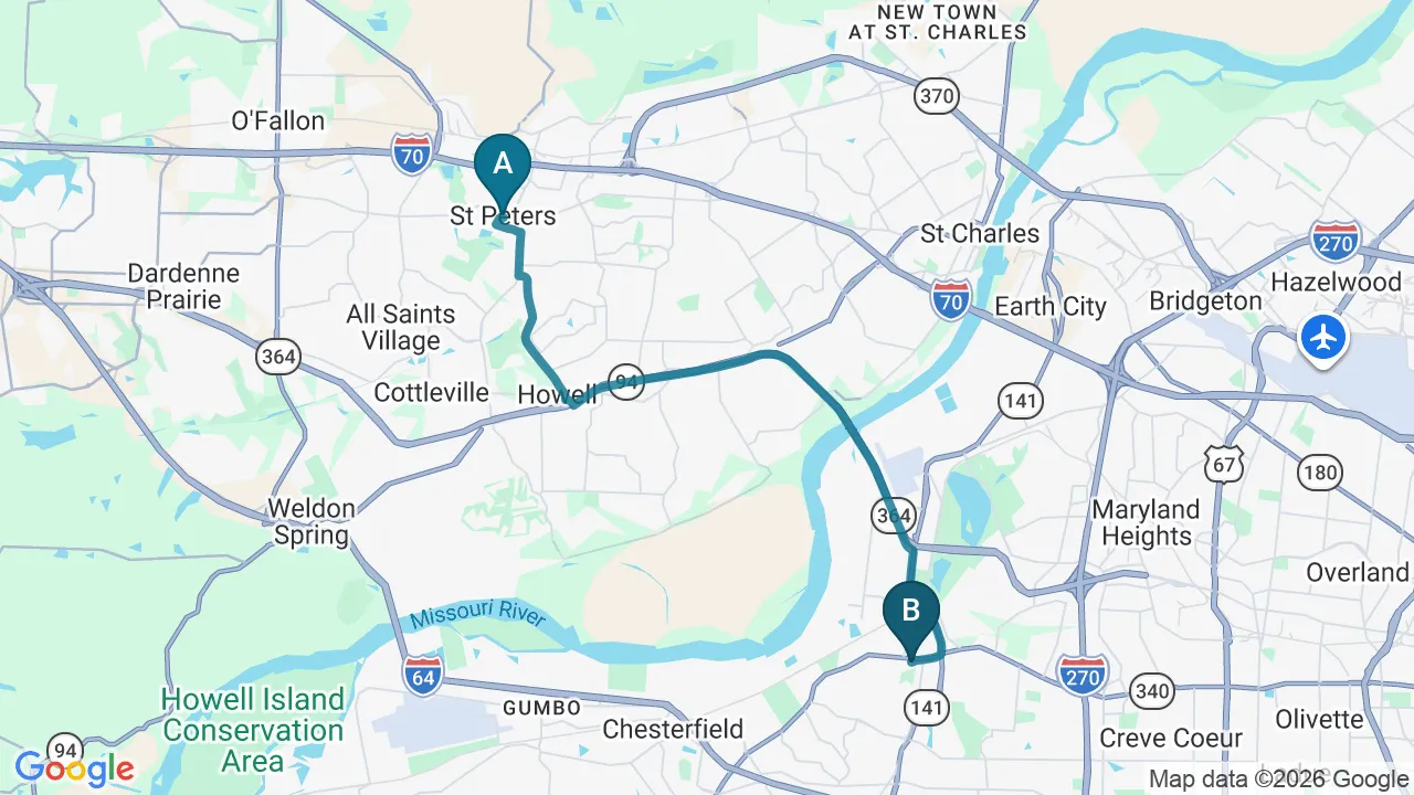 Driving directions map from St. Peters, MO to Full Circle Health in Chesterfield