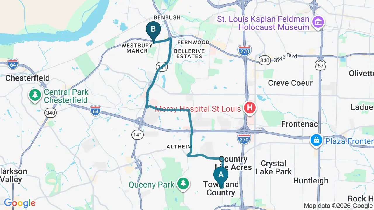 Driving directions map from Town and Country, MO to Full Circle Health in Chesterfield