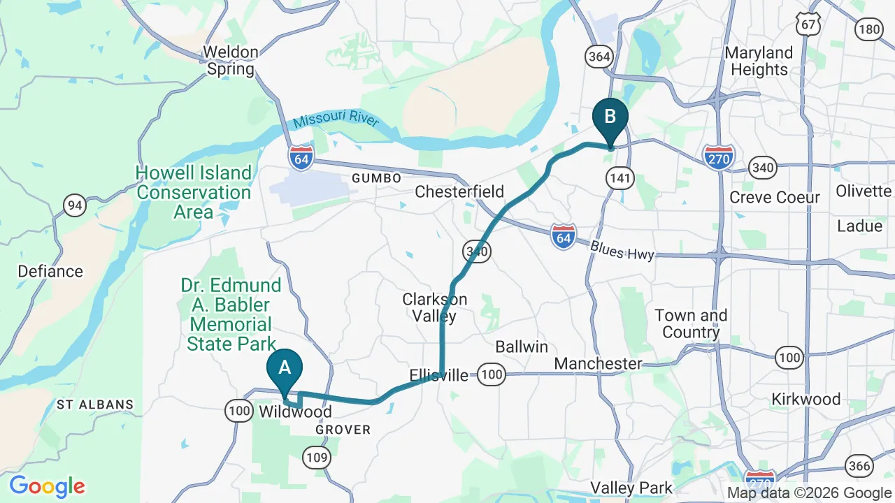 Driving directions map from Wildwood, MO to Full Circle Health in Chesterfield